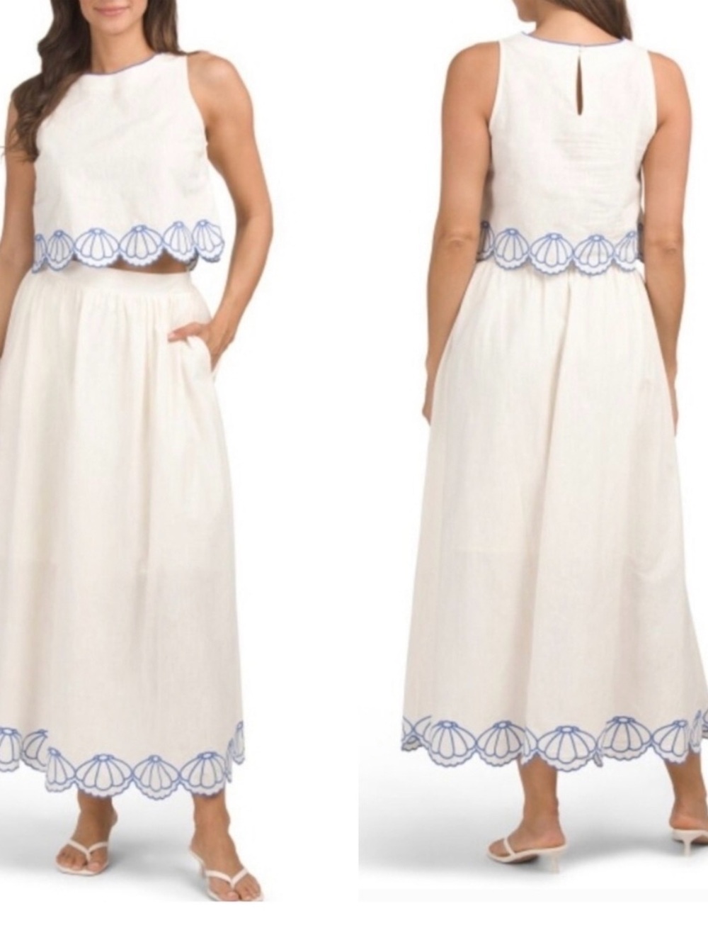 Calypso St. Barth Linen Blend Embroidered Seashell Top & Skirt Set